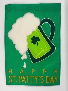 Happy St. Pattys Day Embroidered Garden Flag With Beer Mug & Shamrock Design